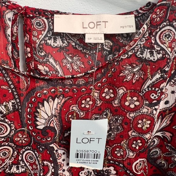 LOFT Shimmer Paisley Flounce Dress Red Blue Floral Boho Women's Long Sleeve - Picture 6 of 10